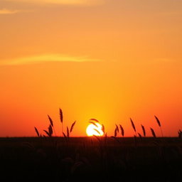 A photo featuring a vibrant sunset over a serene landscape, with the sun halfway dipped below the horizon casting warm golden and orange hues across the sky