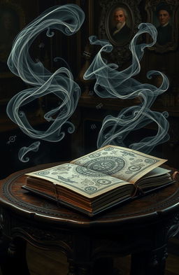 A mystical, ancient book titled 'زر الموت: قصة تخذيرية عن القوة و العواقب' resting on an ornate wooden table