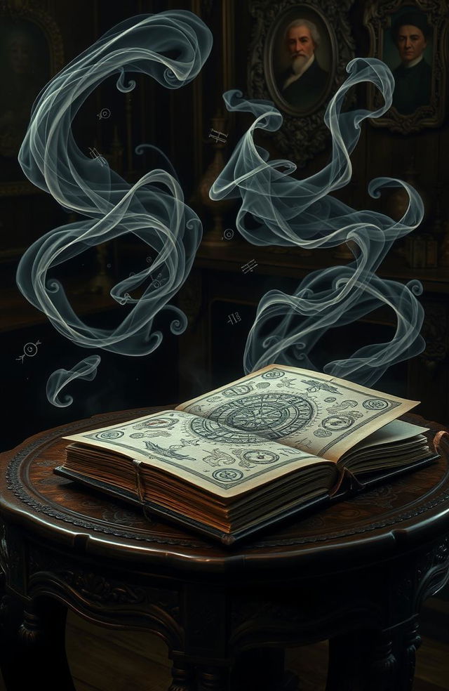 A mystical, ancient book titled 'زر الموت: قصة تخذيرية عن القوة و العواقب' resting on an ornate wooden table