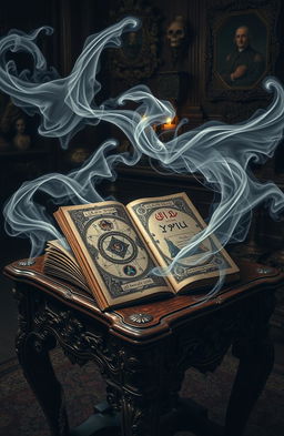 A mystical, ancient book titled 'زر الموت: قصة تخذيرية عن القوة و العواقب' resting on an ornate wooden table