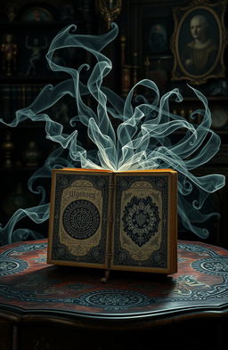 A mystical, ancient book titled 'زر الموت: قصة تخذيرية عن القوة و العواقب' resting on an ornate wooden table