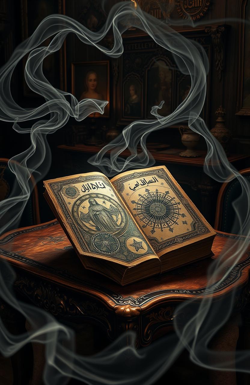 A mystical, ancient book titled 'زر الموت: قصة تخذيرية عن القوة و العواقب' resting on an ornate wooden table