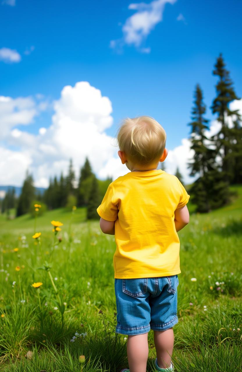 A five-year-old child seen from behind, standing in a beautiful natural landscape