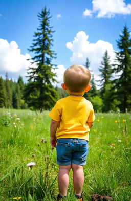 A five-year-old child seen from behind, standing in a beautiful natural landscape