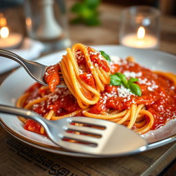 A beautifully plated dish of spaghetti with rich, vibrant marinara sauce, topped with freshly grated Parmesan cheese, and garnished with a sprinkle of fresh basil