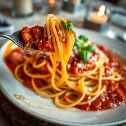 A beautifully plated dish of spaghetti with rich, vibrant marinara sauce, topped with freshly grated Parmesan cheese, and garnished with a sprinkle of fresh basil