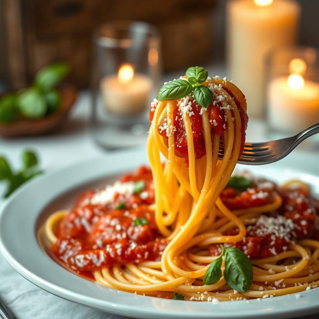A beautifully plated dish of spaghetti with rich, vibrant marinara sauce, topped with freshly grated Parmesan cheese, and garnished with a sprinkle of fresh basil