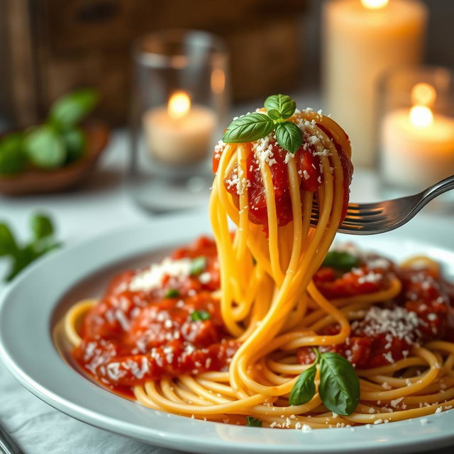 A beautifully plated dish of spaghetti with rich, vibrant marinara sauce, topped with freshly grated Parmesan cheese, and garnished with a sprinkle of fresh basil