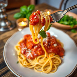 A beautifully plated dish of spaghetti with rich, vibrant marinara sauce, topped with freshly grated Parmesan cheese, and garnished with a sprinkle of fresh basil