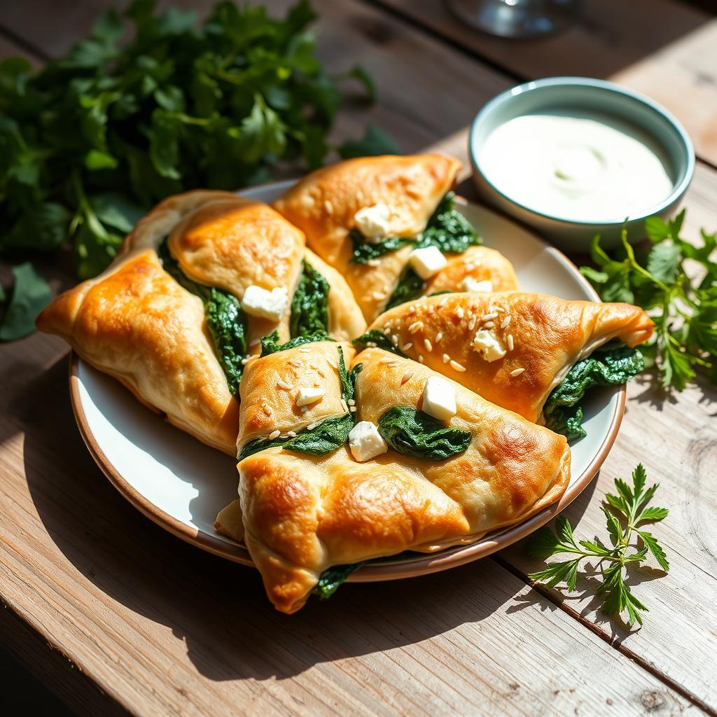 A beautifully arranged plate of spinach and cheese spanakopita, made with whole wheat dough
