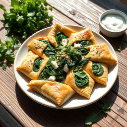 A beautifully arranged plate of spinach and cheese spanakopita, made with whole wheat dough