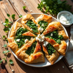 A beautifully arranged plate of spinach and cheese spanakopita, made with whole wheat dough