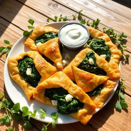 A beautifully arranged plate of spinach and cheese spanakopita, made with whole wheat dough