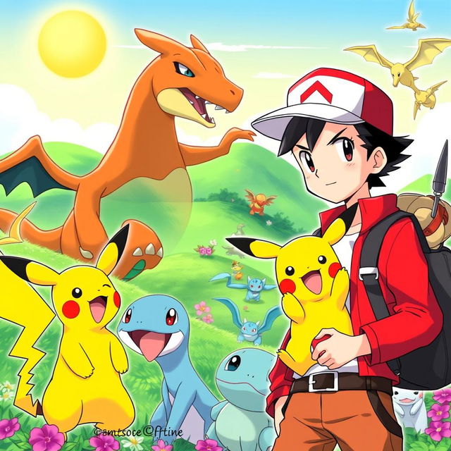 A vibrant and dynamic illustration depicting Red, the iconic Pokémon Trainer from the Pokémon manga, and Yellow, a character known for her cheerful demeanor and bond with Pikachu