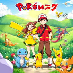 A vibrant and dynamic illustration depicting Red, the iconic Pokémon Trainer from the Pokémon manga, and Yellow, a character known for her cheerful demeanor and bond with Pikachu