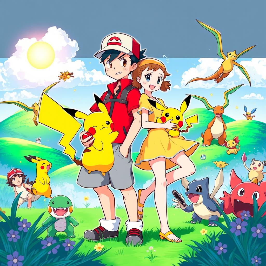 A vibrant and dynamic illustration depicting Red, the iconic Pokémon Trainer from the Pokémon manga, and Yellow, a character known for her cheerful demeanor and bond with Pikachu