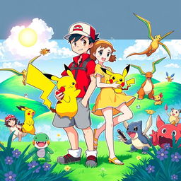 A vibrant and dynamic illustration depicting Red, the iconic Pokémon Trainer from the Pokémon manga, and Yellow, a character known for her cheerful demeanor and bond with Pikachu