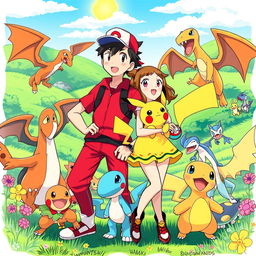 A vibrant and dynamic illustration depicting Red, the iconic Pokémon Trainer from the Pokémon manga, and Yellow, a character known for her cheerful demeanor and bond with Pikachu