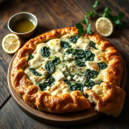 A delicious homemade spanakopita, featuring a flaky, golden-brown crust made from whole wheat flour