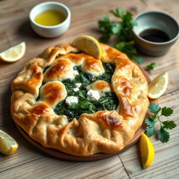 A delicious homemade spanakopita, featuring a flaky, golden-brown crust made from whole wheat flour
