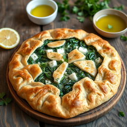 A delicious homemade spanakopita, featuring a flaky, golden-brown crust made from whole wheat flour