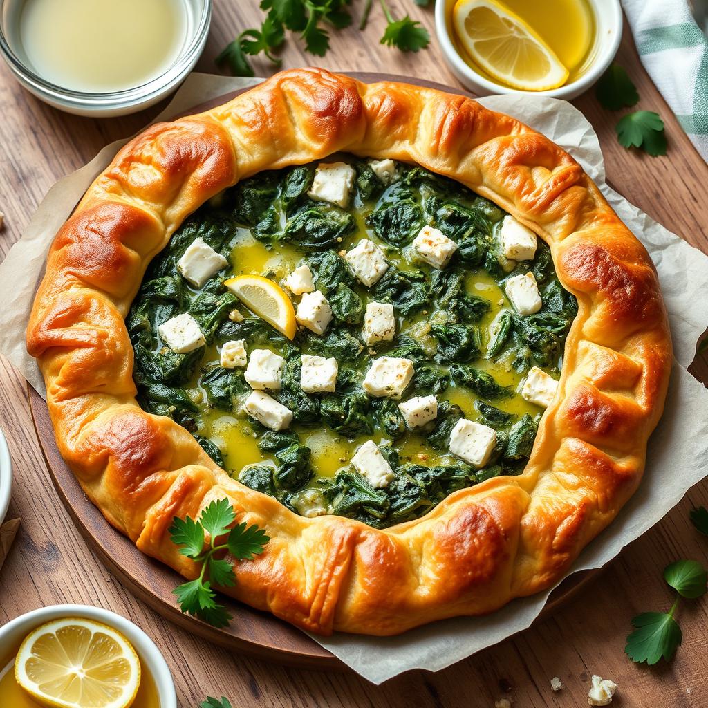 A delicious homemade spanakopita, featuring a flaky, golden-brown crust made from whole wheat flour