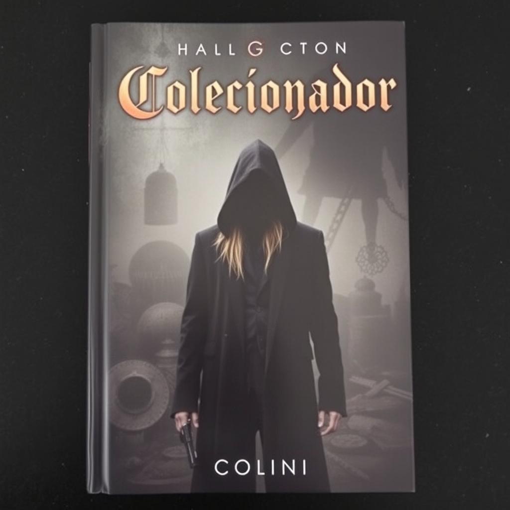 A book cover featuring a tall, slim man standing in the center, his face obscured by a dark hood