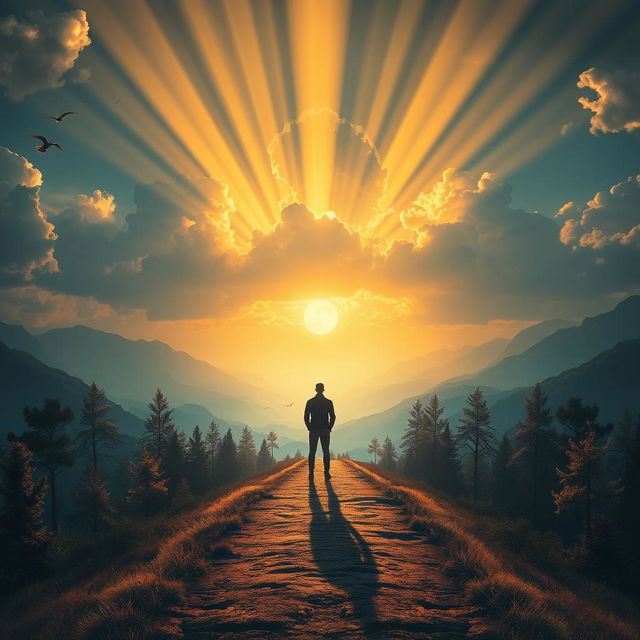 An epic landscape featuring a path illuminated by celestial light, symbolizing a divine or spiritual calling