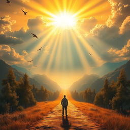 An epic landscape featuring a path illuminated by celestial light, symbolizing a divine or spiritual calling