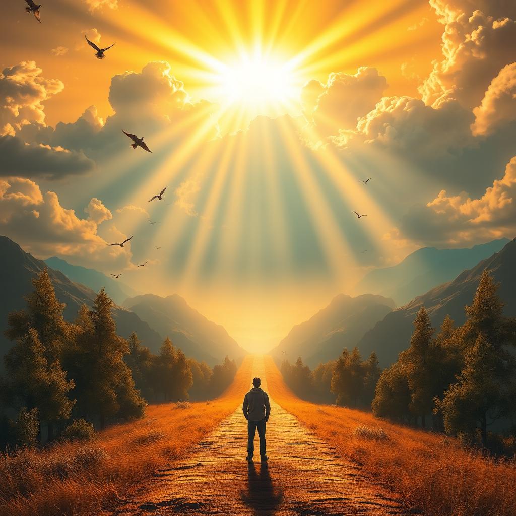 An epic landscape featuring a path illuminated by celestial light, symbolizing a divine or spiritual calling