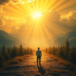An epic landscape featuring a path illuminated by celestial light, symbolizing a divine or spiritual calling