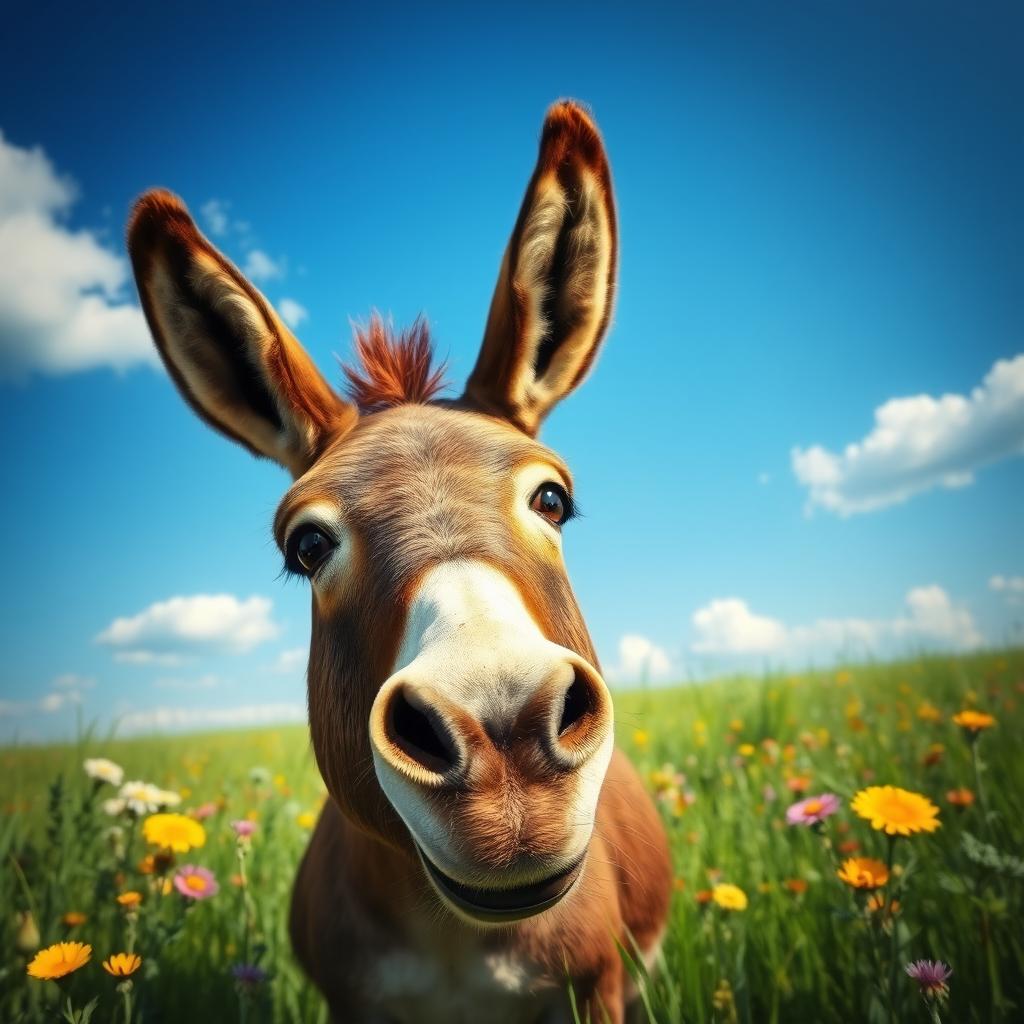 A realistic and detailed image of a brown donkey in a lush green meadow