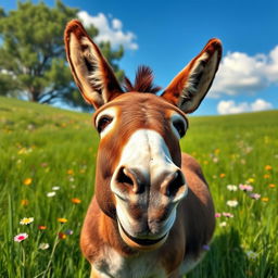 A realistic and detailed image of a brown donkey in a lush green meadow