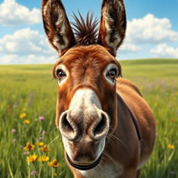 A realistic and detailed image of a brown donkey in a lush green meadow
