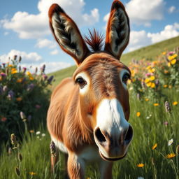 A realistic and detailed image of a brown donkey in a lush green meadow