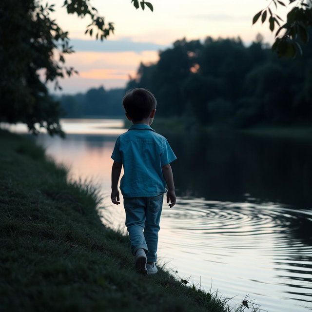 A melancholic scene featuring a child walking towards a serene river at dusk