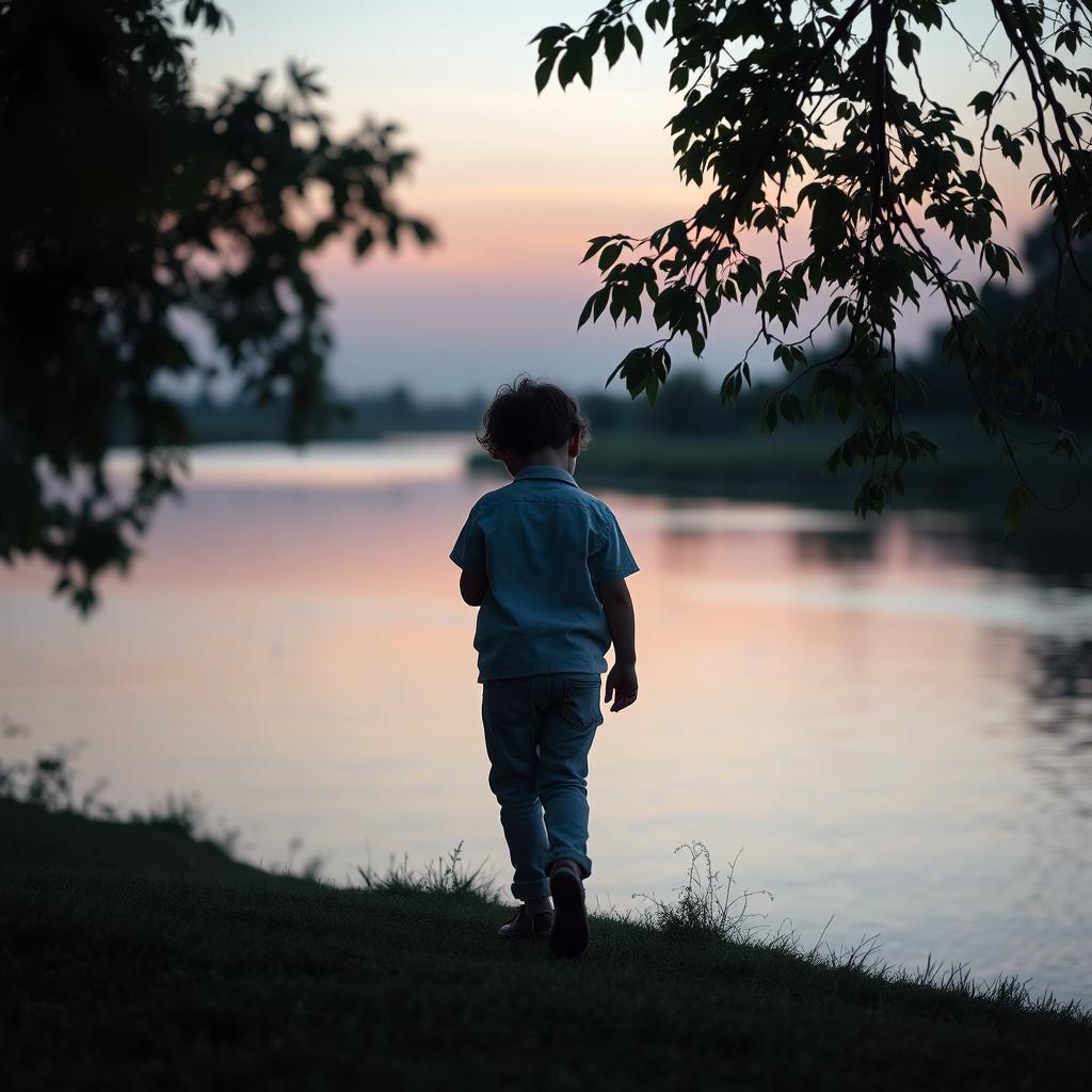 A melancholic scene featuring a child walking towards a serene river at dusk