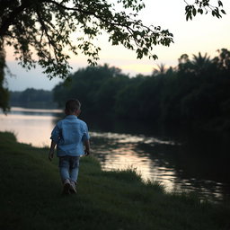 A melancholic scene featuring a child walking towards a serene river at dusk