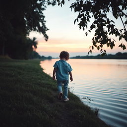 A melancholic scene featuring a child walking towards a serene river at dusk