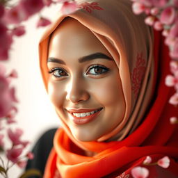 A stunning young woman wearing a beautifully designed hijab, exuding elegance and grace