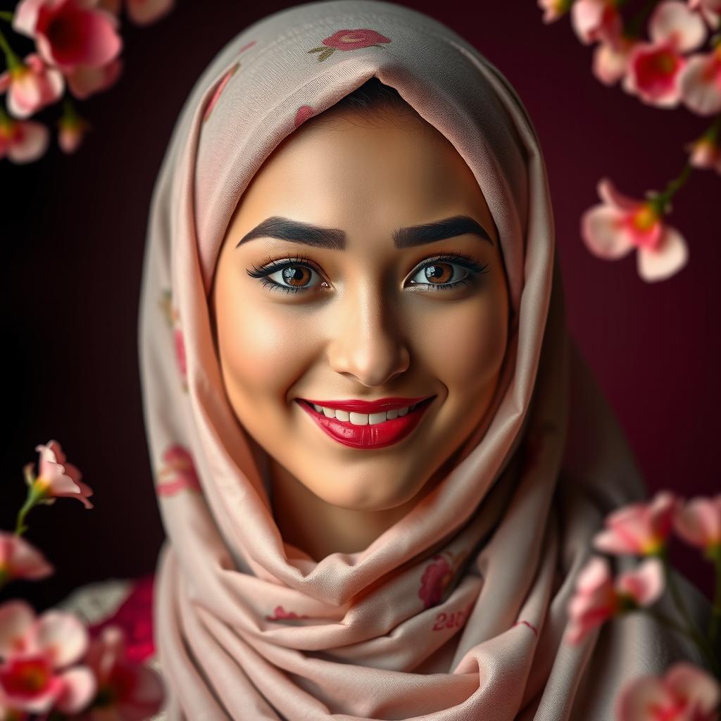 A stunning young woman wearing a beautifully designed hijab, exuding elegance and grace