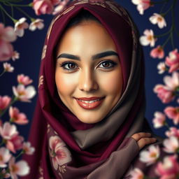 A stunning young woman wearing a beautifully designed hijab, exuding elegance and grace