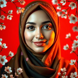 A stunning young woman wearing a beautifully designed hijab, exuding elegance and grace