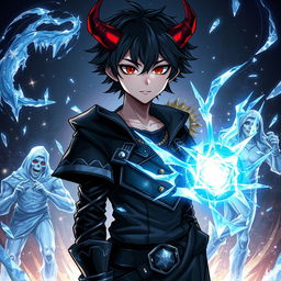 A striking illustration of a demonic boy with black hair and piercing red eyes, showcasing his formidable psychic and ice powers
