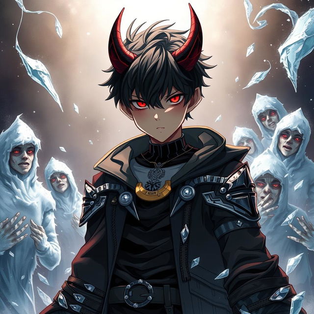 A striking illustration of a demonic boy with black hair and piercing red eyes, showcasing his formidable psychic and ice powers