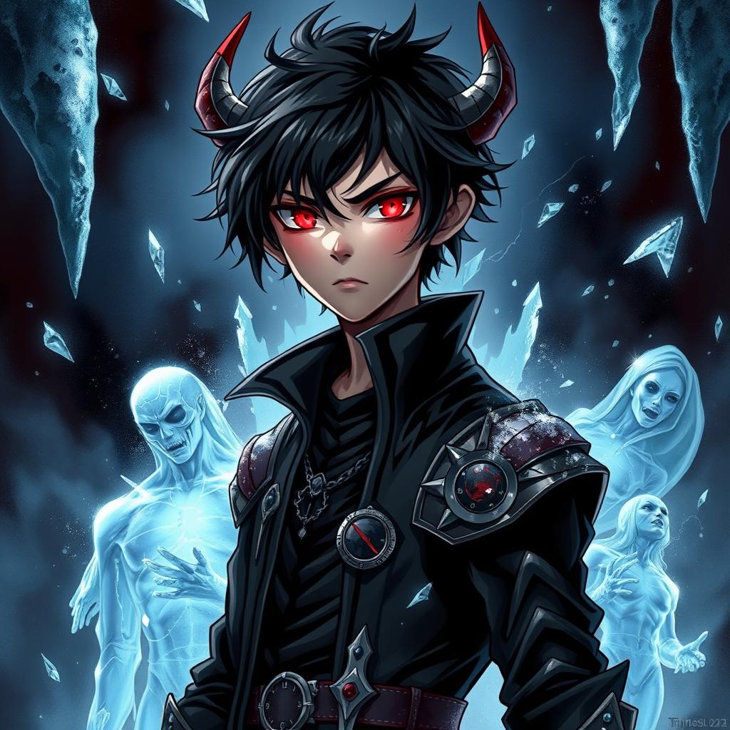 A striking illustration of a demonic boy with black hair and piercing red eyes, showcasing his formidable psychic and ice powers