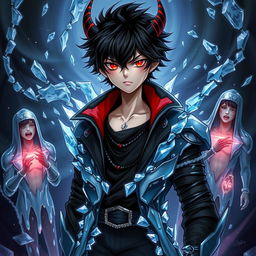 A striking illustration of a demonic boy with black hair and piercing red eyes, showcasing his formidable psychic and ice powers