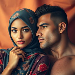 A captivating and elegant young woman wearing a beautifully designed hijab, displaying grace and charm