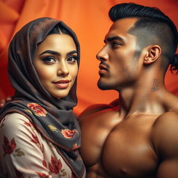 A captivating and elegant young woman wearing a beautifully designed hijab, displaying grace and charm