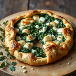 A beautiful open pie showcasing Spanikopita made with whole wheat dough, featuring a rich filling of creamy spinach, feta cheese, and aromatic herbs
